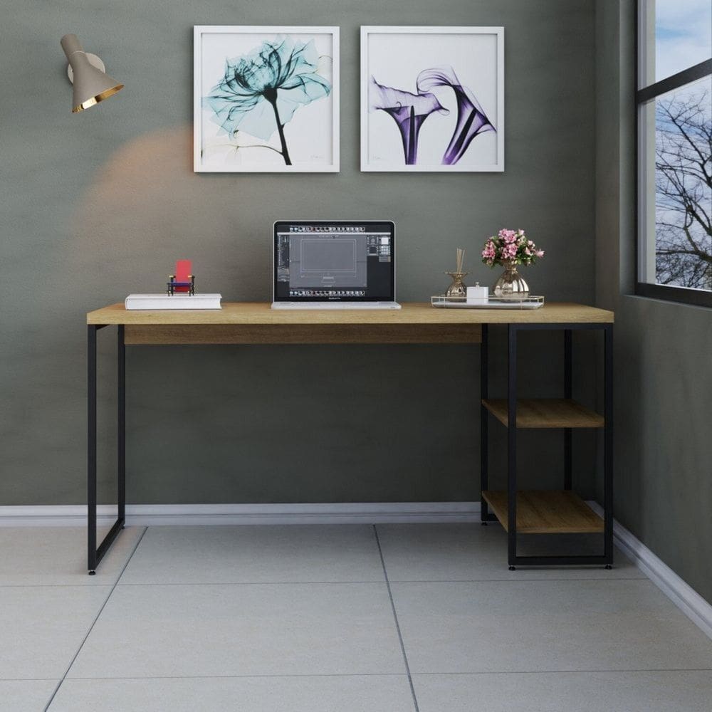 Escrivaninha com Estante Baixa Estilo Industrial 150cm com 02 Prateleiras Dynamica Lâmina Mel / Est.Preta
