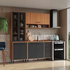 Cozinha Modulada Havana 3 Peças com Tampo e Cristaleira 08 Portas e 2 Gavetas Rovere/Grafite