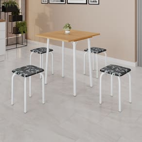 Conjunto Mesa Dobrável com 4 Banquetas Bali Preto Floral / Branco