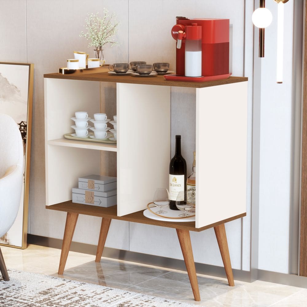 Cantinho do Café Axios com Nichos Off White / Canela Aparador de Sala Modelo Retro