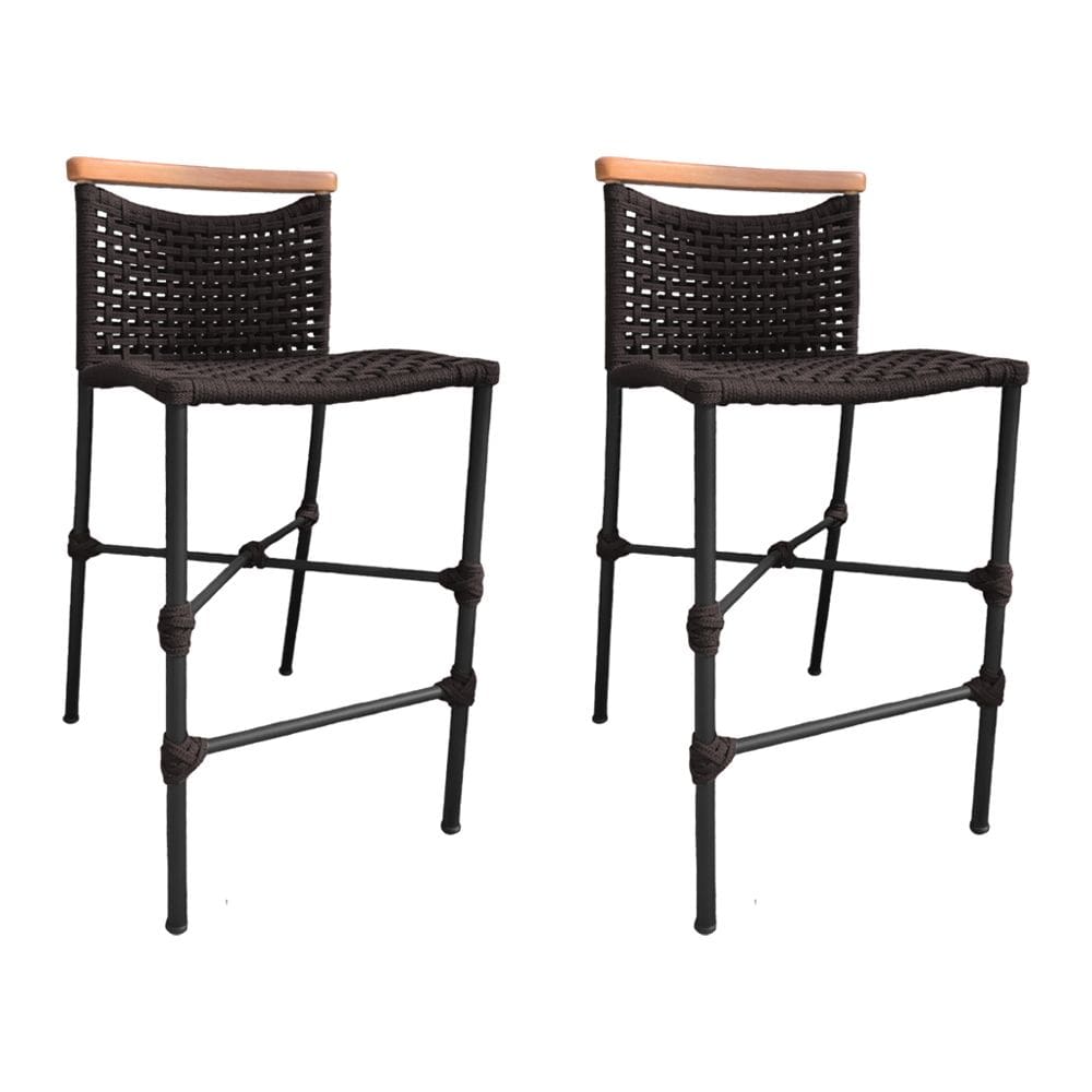 Kit 2 Banquetas Anne em Corda Náutica Base em Alumínio Preta com Detalhe em Madeira Marrom
