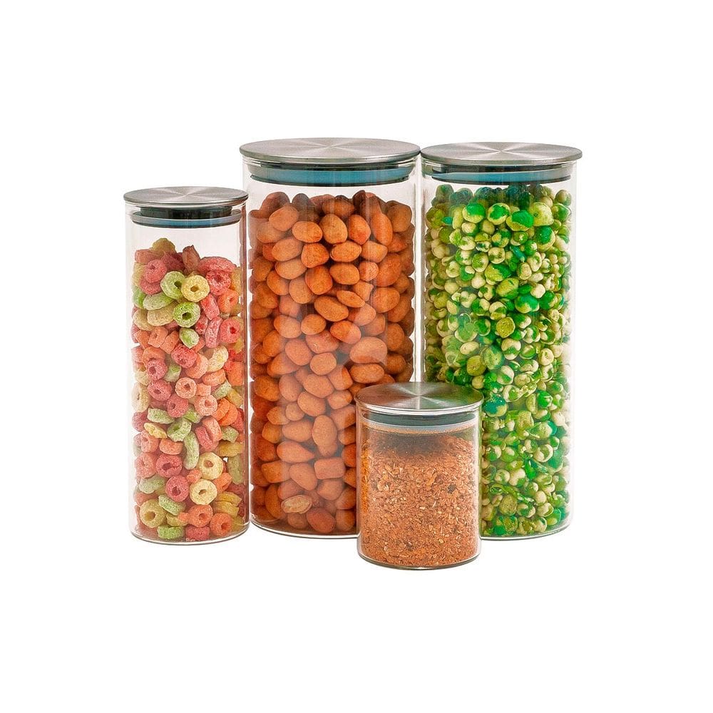Kit 4 potes de vidro com tampa inox hermético 210ml, 550ml, 950ml e 1,7L - Tud