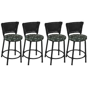 Kit 4 Banquetas Baixas Preta com Encosto Junco Preto Assento Estampado