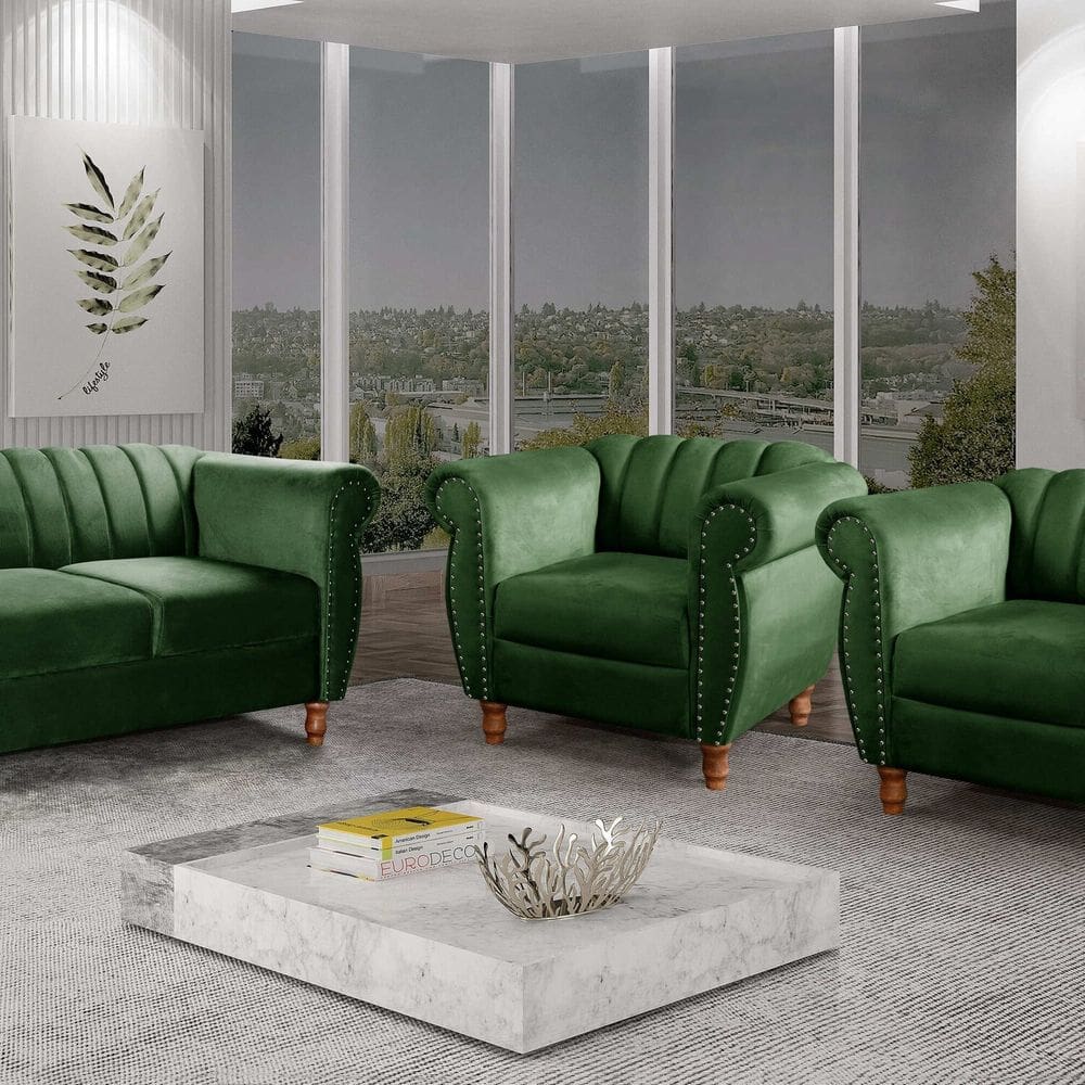 Conjunto Realeza Sofá com Poltronas Chesterfield Decoração Verde