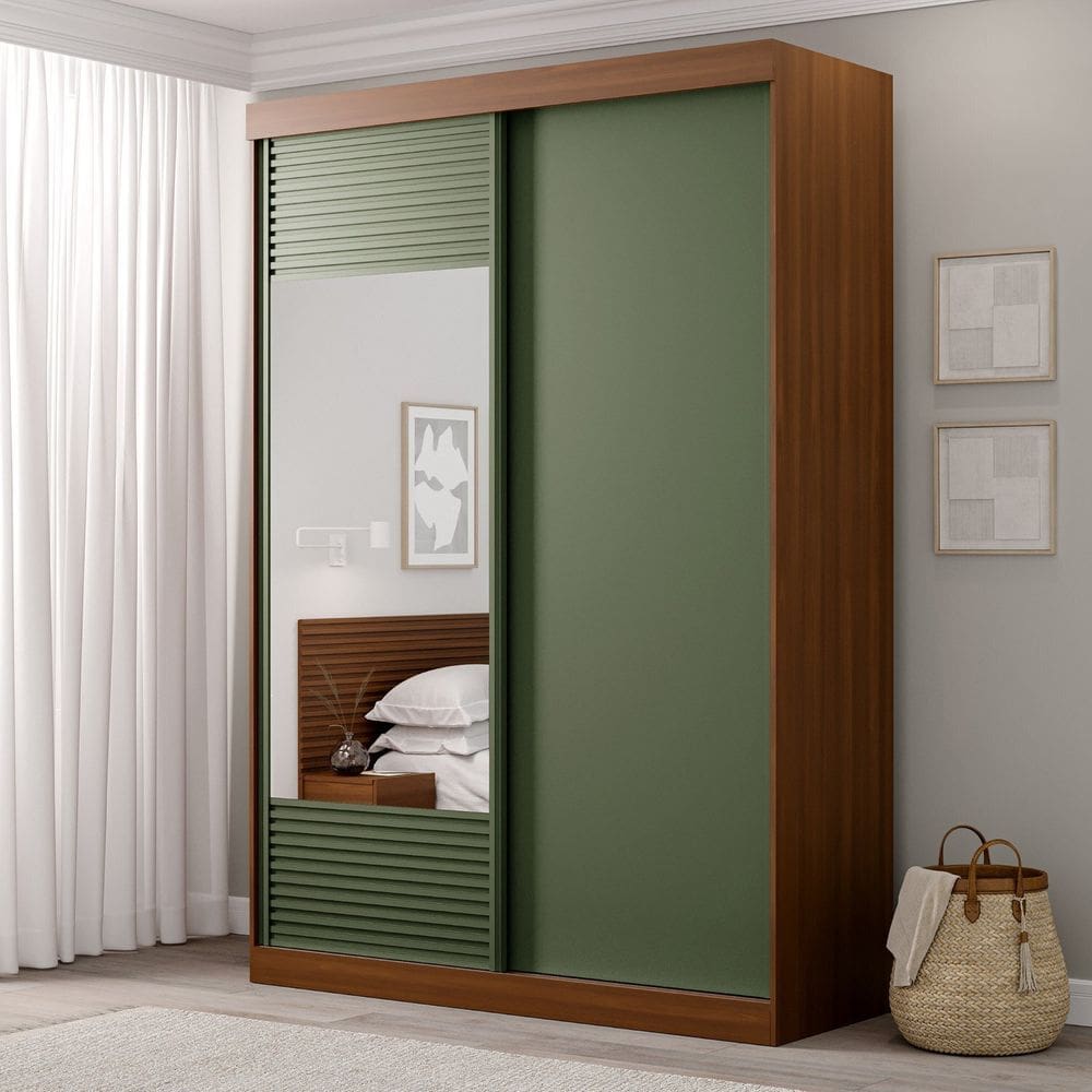 Guarda-roupa Solteiro 2 Portas 1 Porta com Espelho Samambaia Cabecasa Madeiramadeira Freijó/Verde