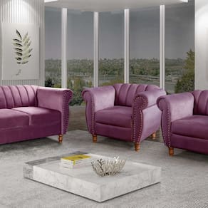 Conjunto Realeza Sofá com Poltronas Chesterfield Decoração Roxo