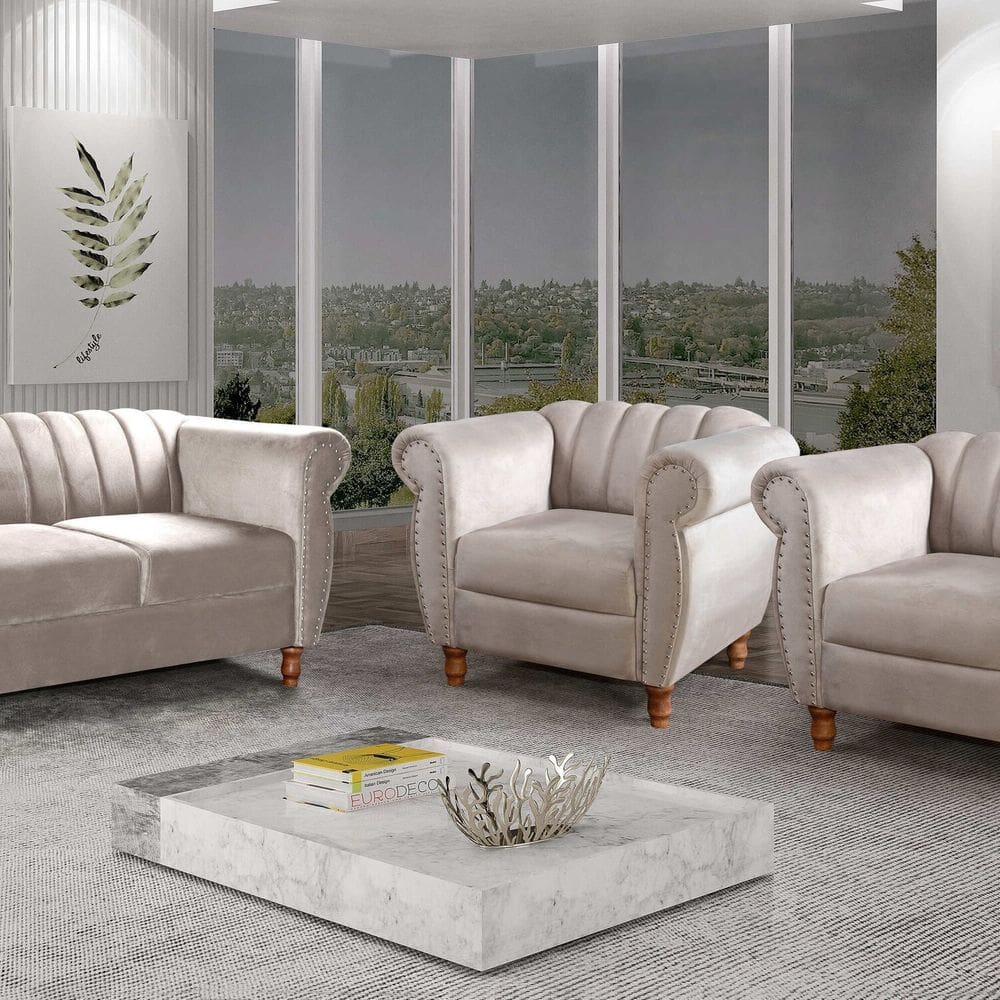 Conjunto Realeza Sofá com Poltronas Chesterfield Decoração Bege Claro