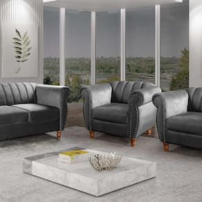 Conjunto Realeza Sofá com Poltronas Chesterfield Decoração Cinza grafite