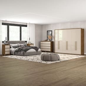 Quarto Casal Roupeiro 6 Portas Cômoda 8 Gavetas 2 Mesas de Cabeceira 3 Gavetas Freijó/Off White