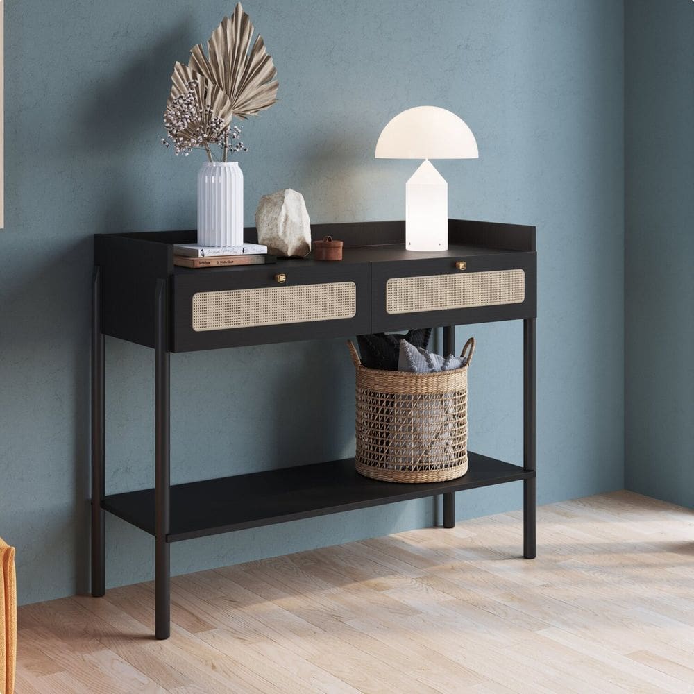 Aparador 2 Gavetas 103cm Palhinha Pé Madeira Oslo Nero/Preto