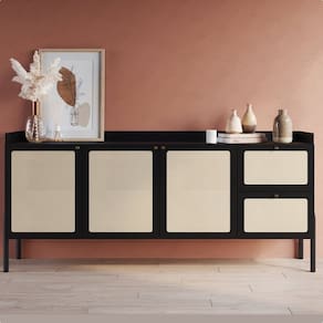 Buffet Aparador 3 Portas 2 Gavetas Palhinha Pé Madeira Oslo Nero/Preto