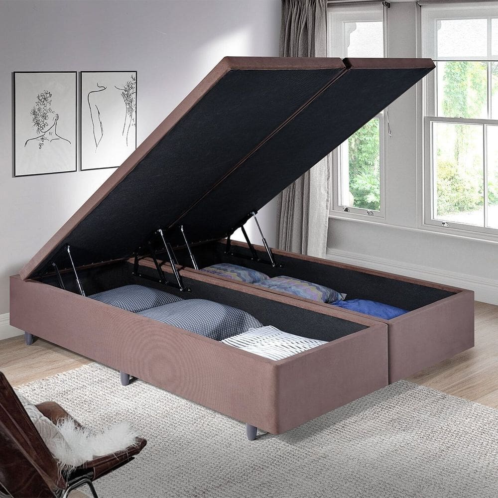 Cama Baú Queen 158cm X198cm em Suede Madeira em Eucalipto Marrom