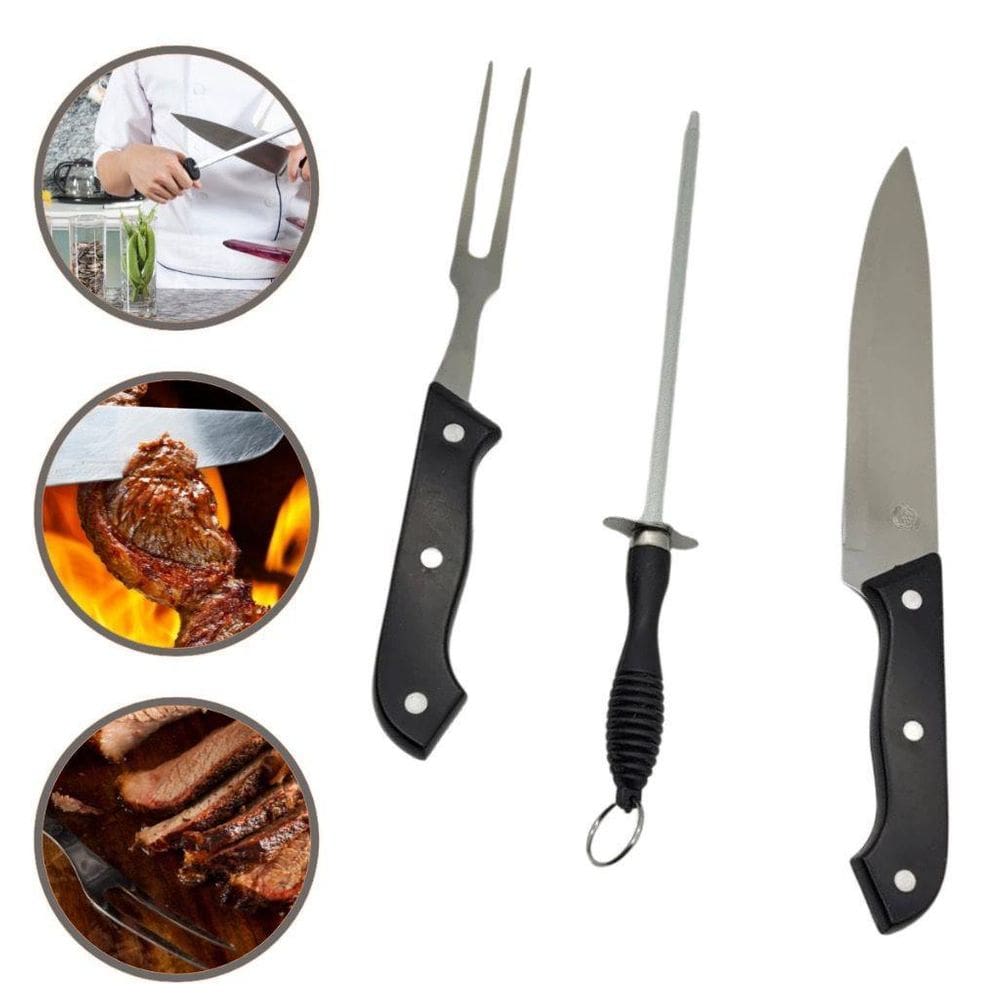 Kit De Faca+Garfo Trinchante+ Chaira 3 Pcs