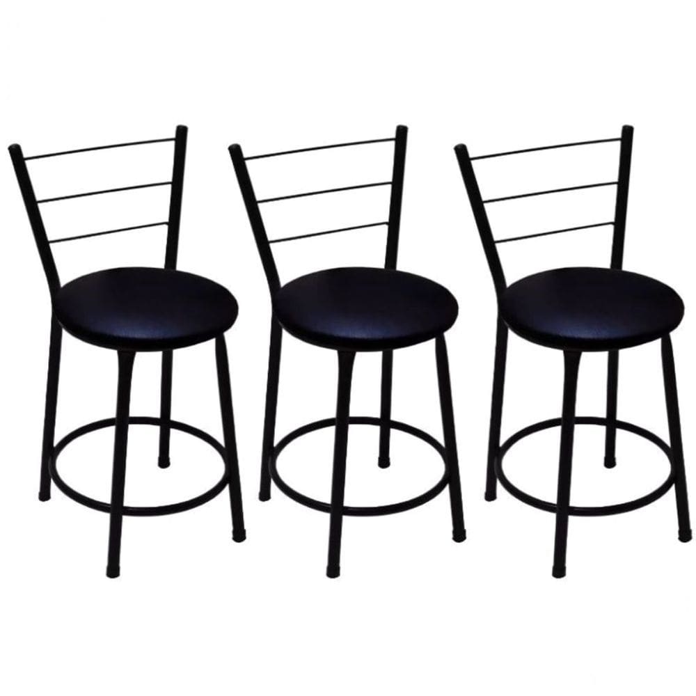 Kit 3 Banquetas Baixas Preta com Encosto Assento Preto