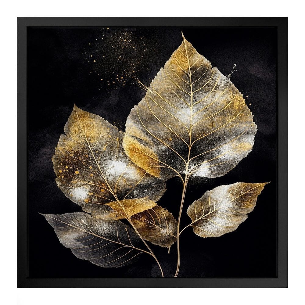Quadro 50cm X 50cm Folhas Douradas Iii Tropical Artes Preto