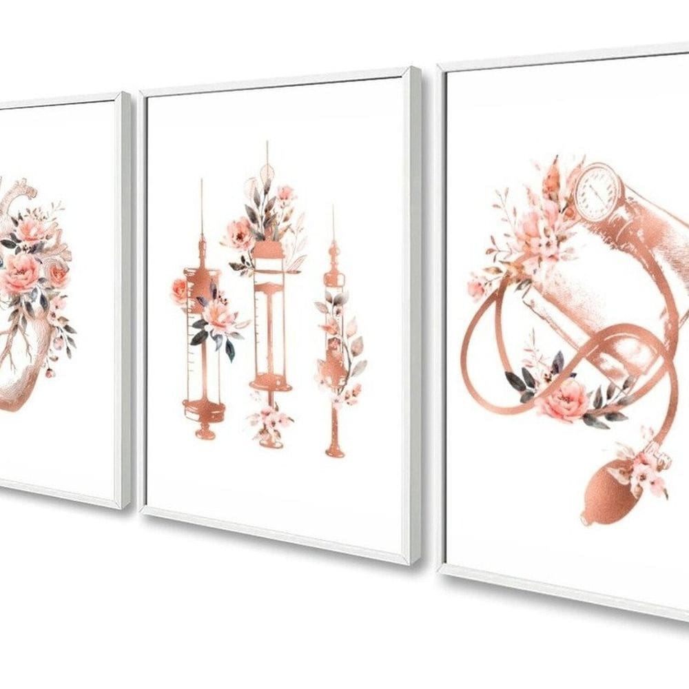 Kit 3 Quadros Decorativos Medicina Coração para Consultório 60x40 Vinil Colorido