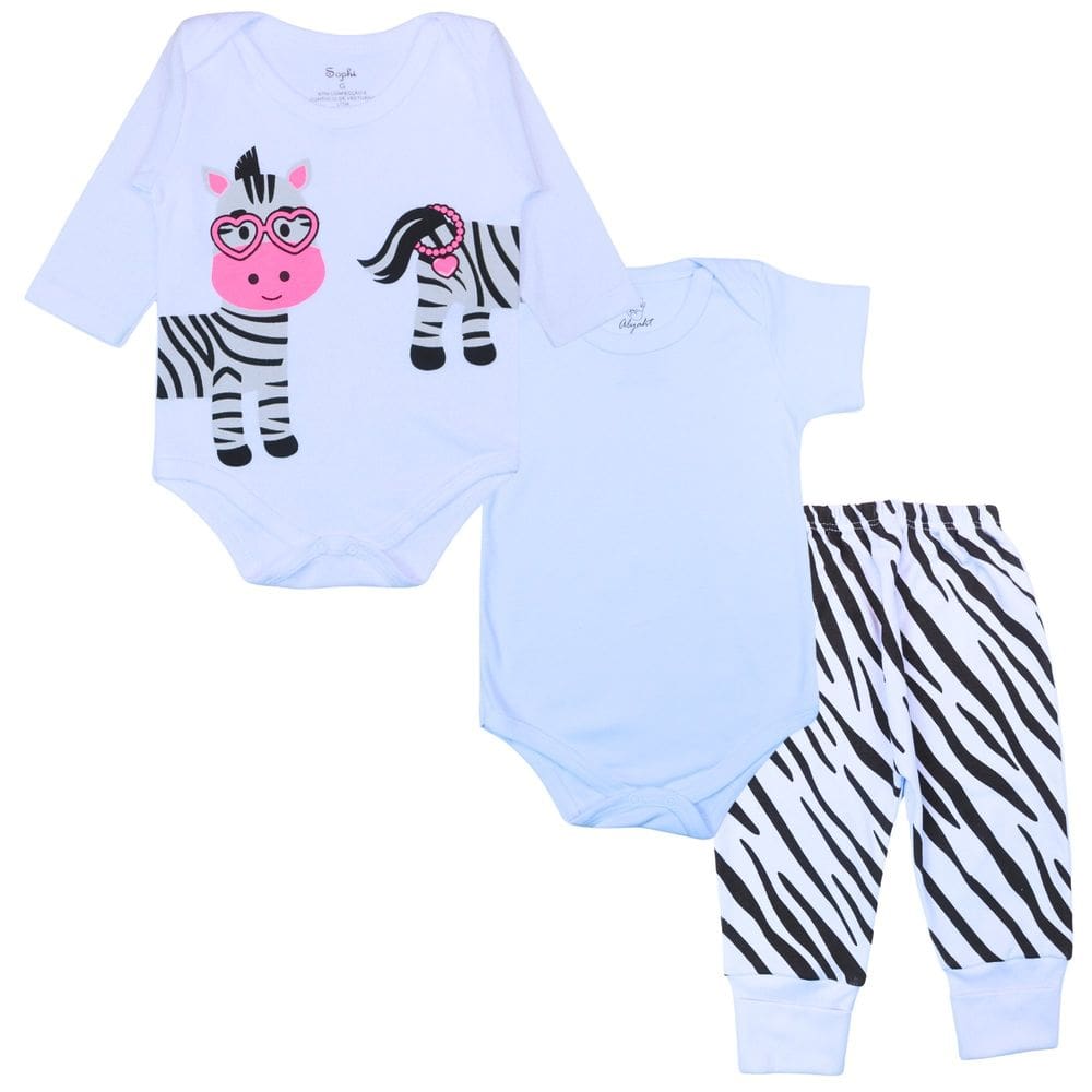 Kit Body Bebê Longo e Curto Algodão Branco Estampado Menina