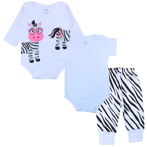 Kit Body Bebê Longo e Curto Algodão Branco Estampado Menina