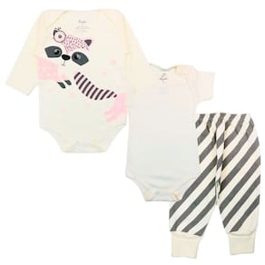 Kit Body Bebê Longo e Curto Algodão Bege Estampado Menina
