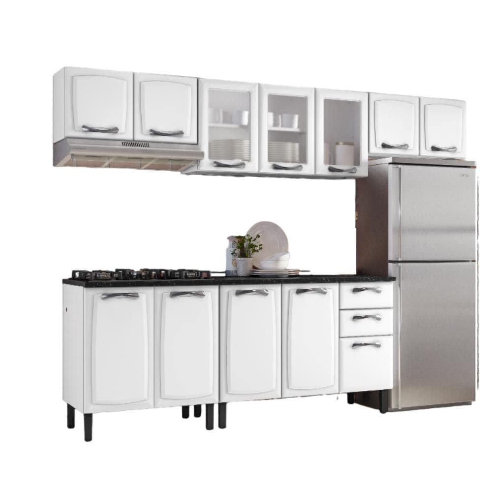 Cozinha Completa Itatiaia Aço 5 Peças 12 Portas 3 em Vidro New Premium Branco Neve Balcão p/ cooktop