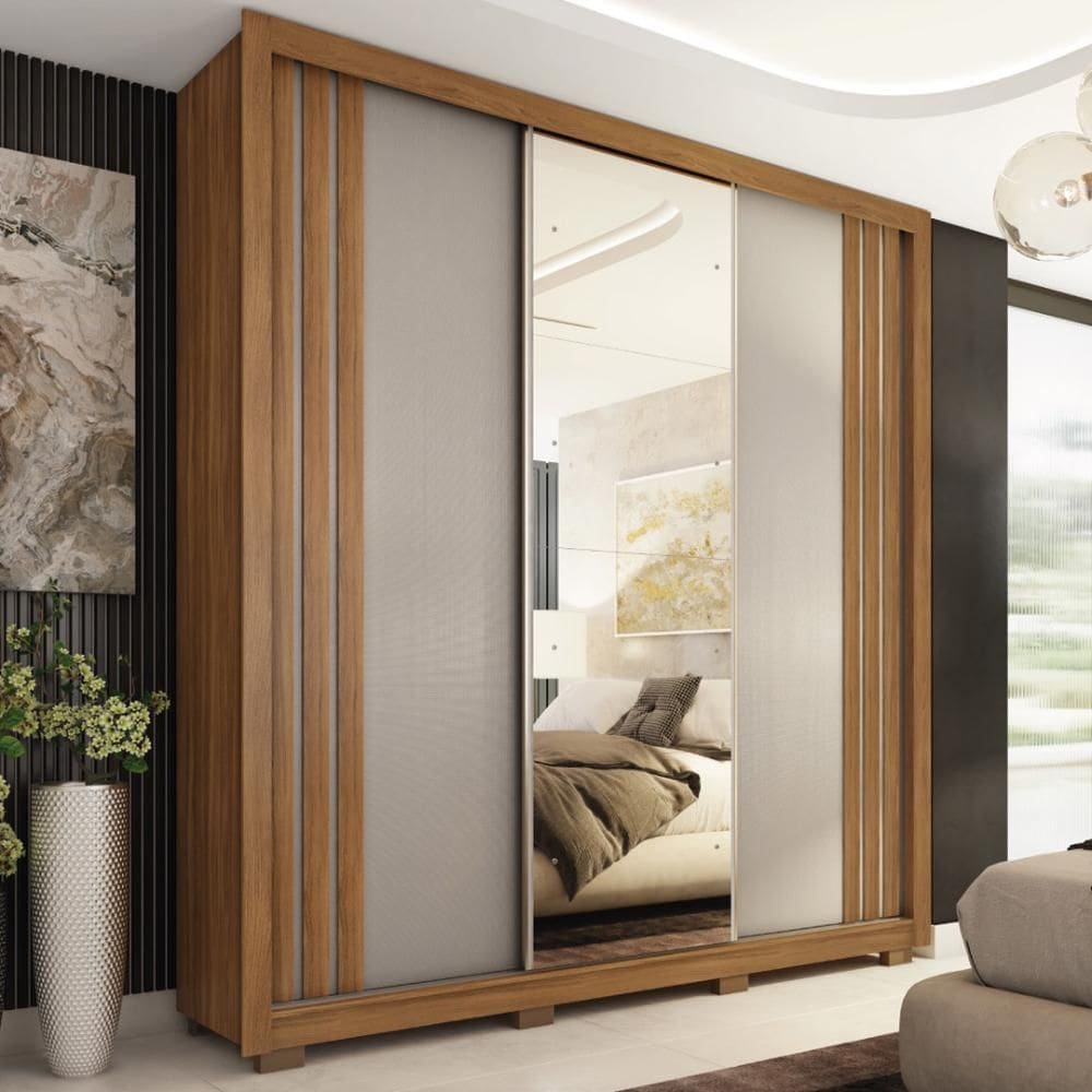 Guarda Roupa Casal 3 Portas Com Espelho e 2 Gavetas Moema - Amêndola Touch/Nude e Preto Prime TX