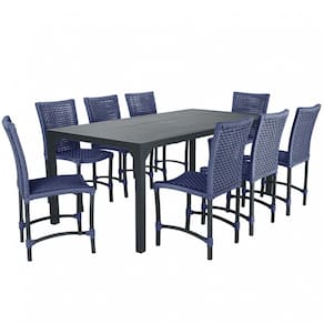 Conjunto 8 Cadeiras Cannes Corda Náutica e Mesa Retangular Ripada 2,00m em Alumínio para Edícula, Jardim, Área, Varanda, Cozinha - Pintura Preta