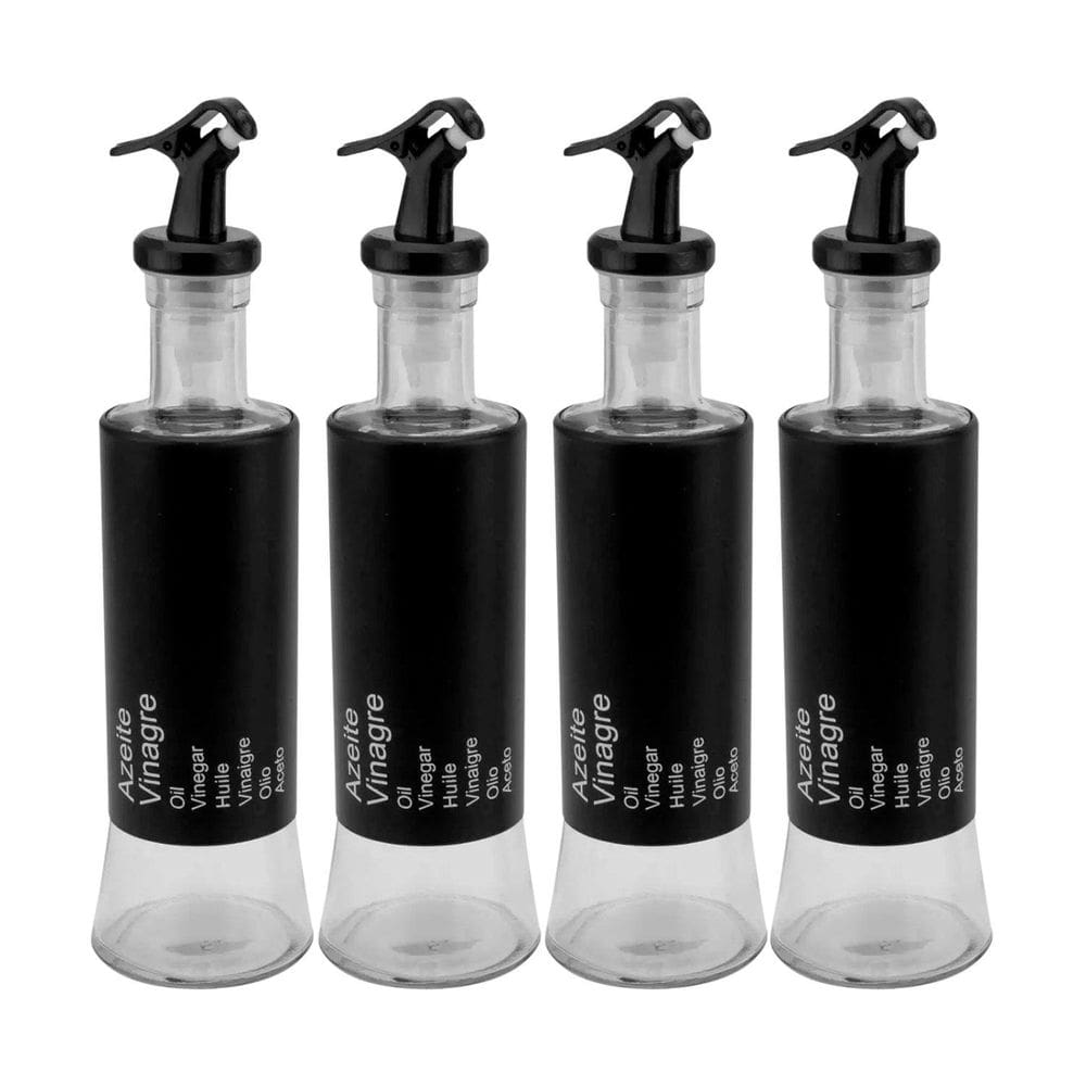 Kit 4 Azeiteiro Vinagreiro Recipiente Em Vidro E Inox Preto