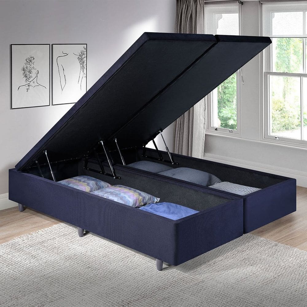 Cama Baú Queen 158cm X198cm em Suede Madeira em Eucalipto Preto