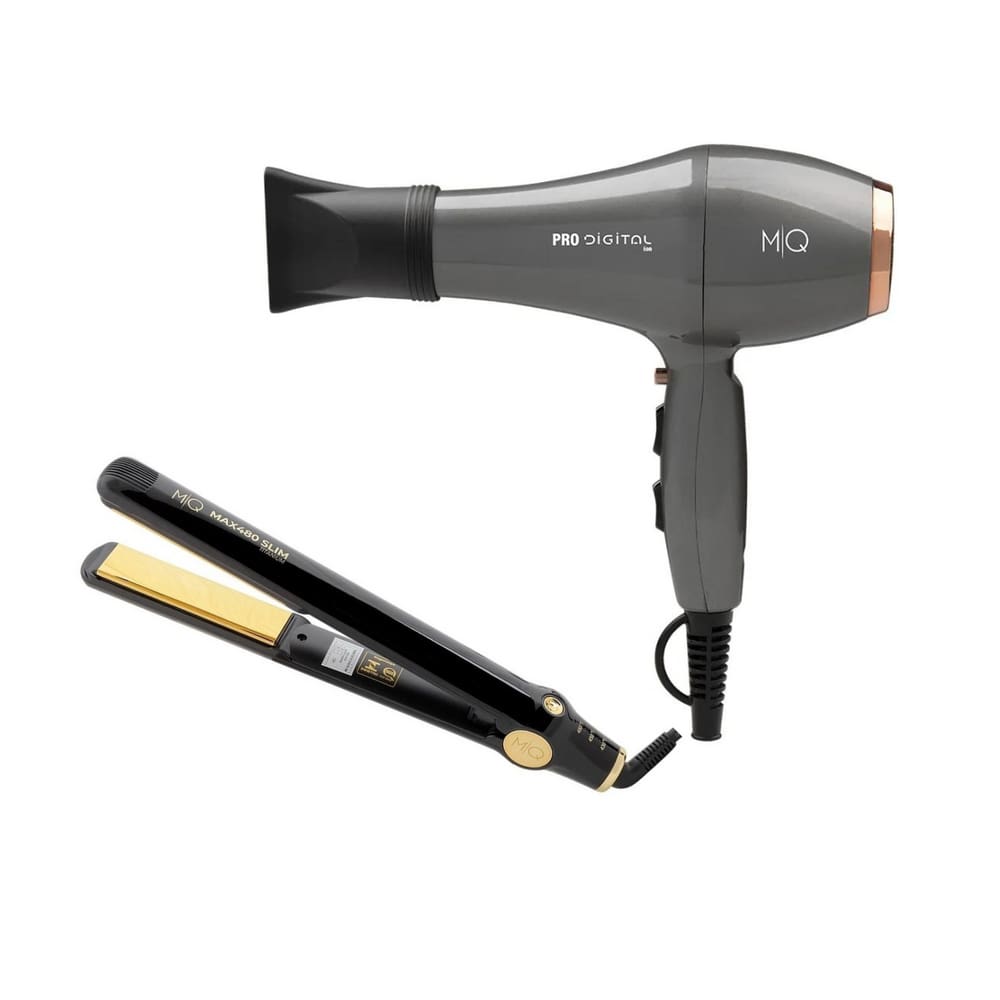 Kit Mq - Secador Mq Pro Digital Íon 2600W 220V+ Chapinha Prancha Mq Max480 Slim Titanium Black