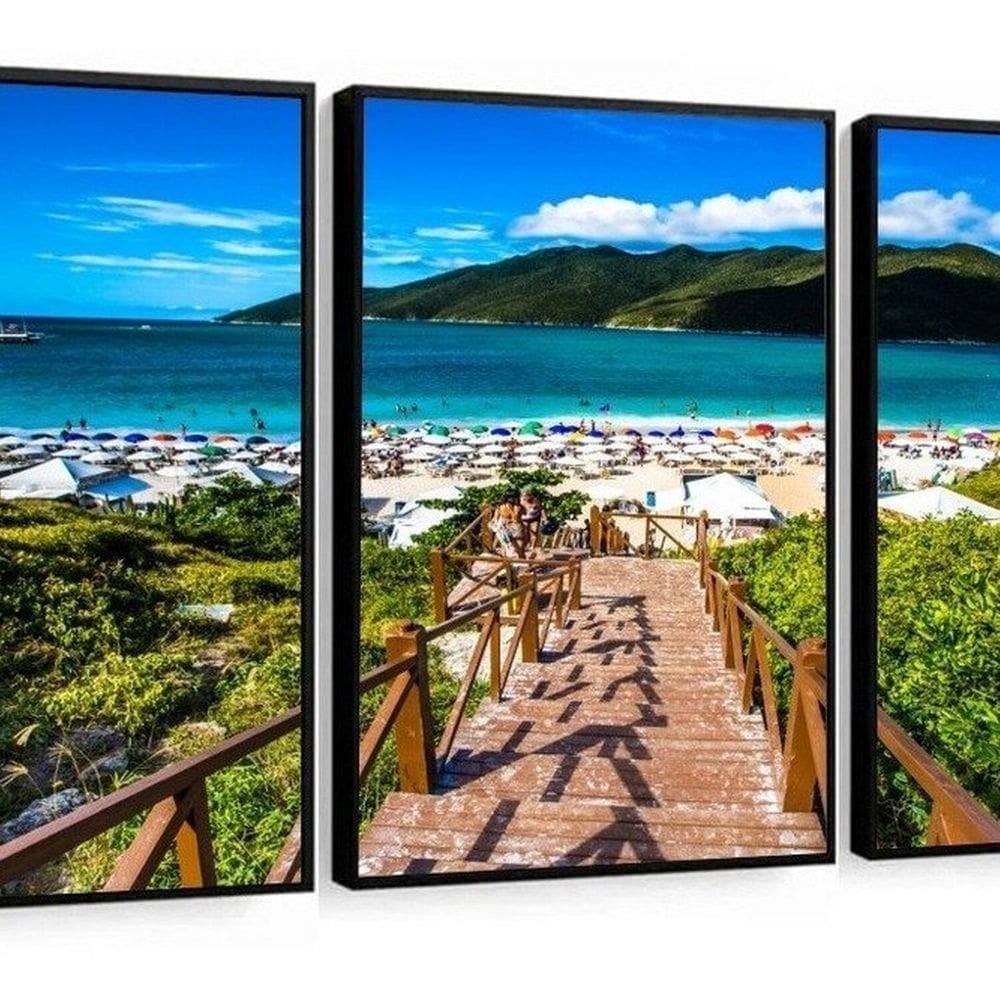 Kit 3 Quadros Decorativos Arraial do Cabo Praia Rj com Moldura 60x40 Vinil Colorido
