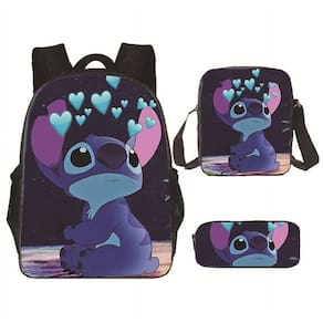 Conjunto de mochilas de poliéster casual Stitch para adolescentes, 3 peças