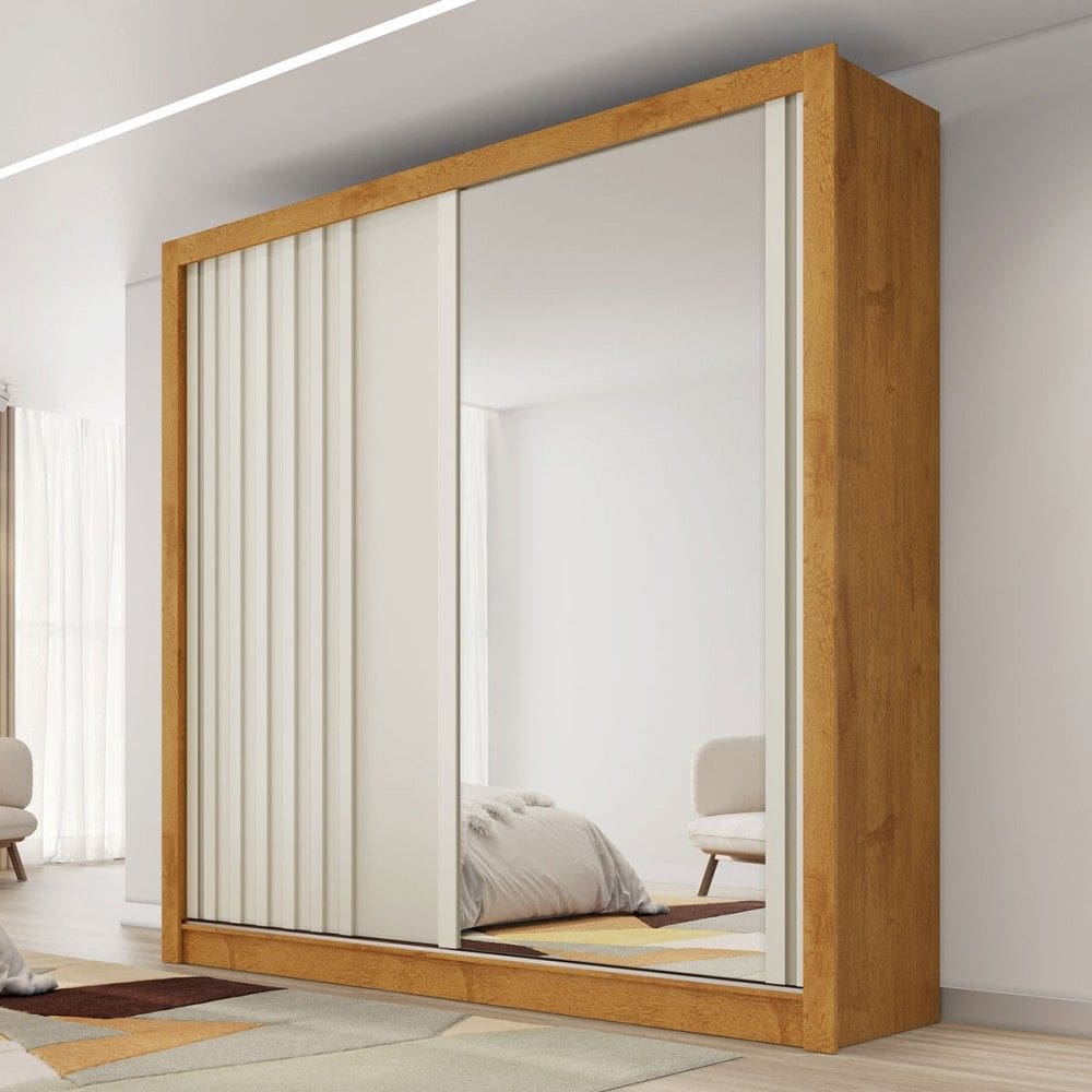 Guarda-Roupa Lugano 2 Portas 4 Gavetas com Espelho Ripado 100% Mdf Peroba/Off White - Mademarques