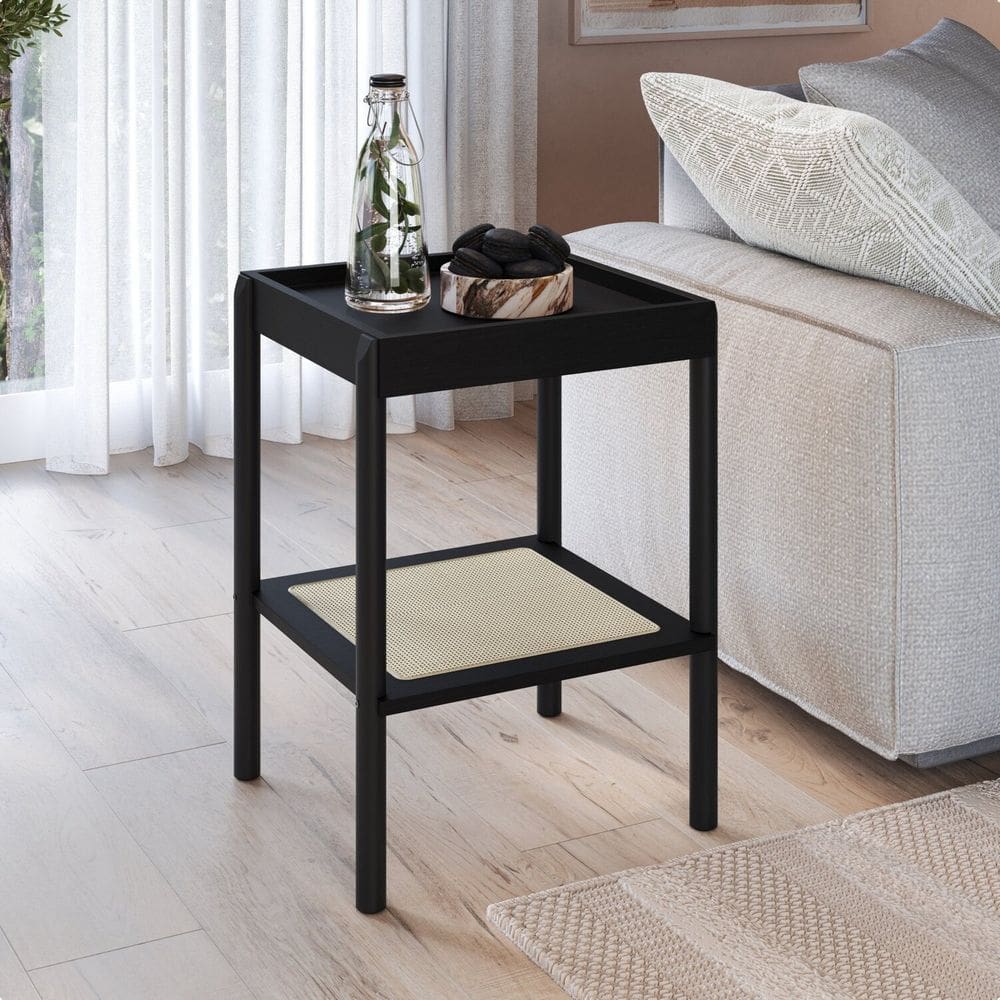 Mesa Lateral Quadrada com Prateleira 43cm Palhinha Pé Madeira Oslo Nero/Preto