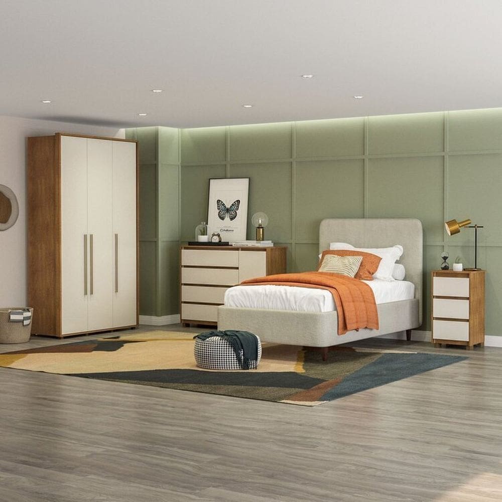 Quarto Guarda-Roupa 3 Portas Cômoda 4 Gavetas 1 Porta 1 Mesa de Cabeceira 3 Gavetas Freijó/Off White