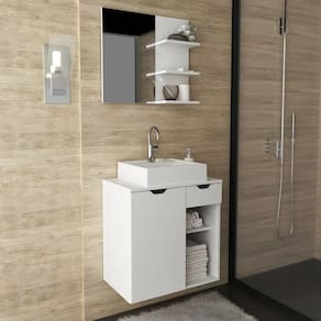 Conjunto de Banheiro com Gabinete Suspenso 60cm e Espelheira 3 Prateleiras Branco