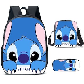 Conjunto de mochilas de poliéster casual Stitch para adolescentes, 3 peças