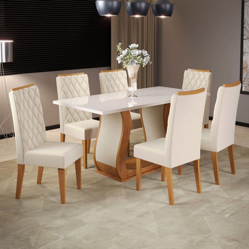 Mesa de Jantar 6 Lugares Brusque Marrom/Off White/Veludo Pastel - Viero Móveis
