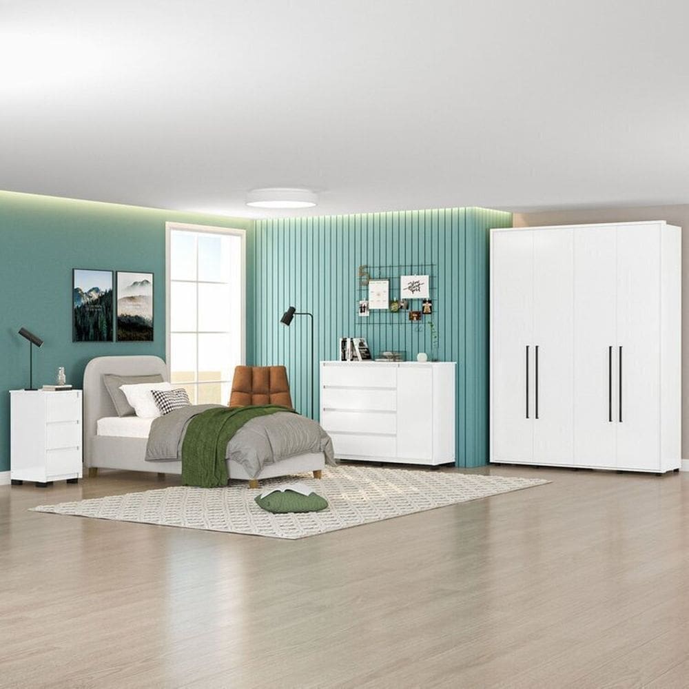 Quarto Guarda-Roupa 4 Portas Cômoda 4 Gavetas 1 Porta 1 Mesa de Cabeceira 3 Gavetas Branco