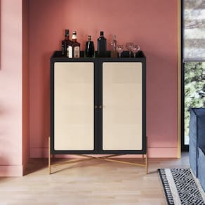 Cristaleira 2 Portas 93cm Palhinha Pé Metal Oslo Nero/Dourado