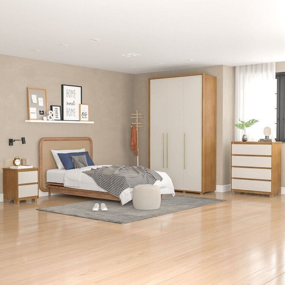 Quarto Guarda-Roupa 3 Portas Cômoda 4 Gavetas 1 Mesa de Cabeceira 2 Gavetas Freijó/Off White