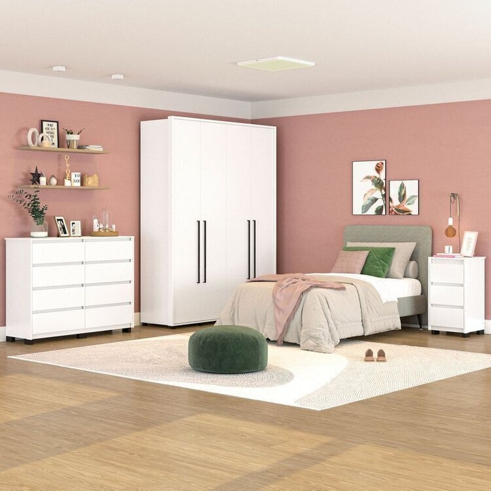 Quarto Guarda-Roupa 4 Portas Cômoda 8 Gavetas 1 Mesa de Cabeceira 3 Gavetas Branco