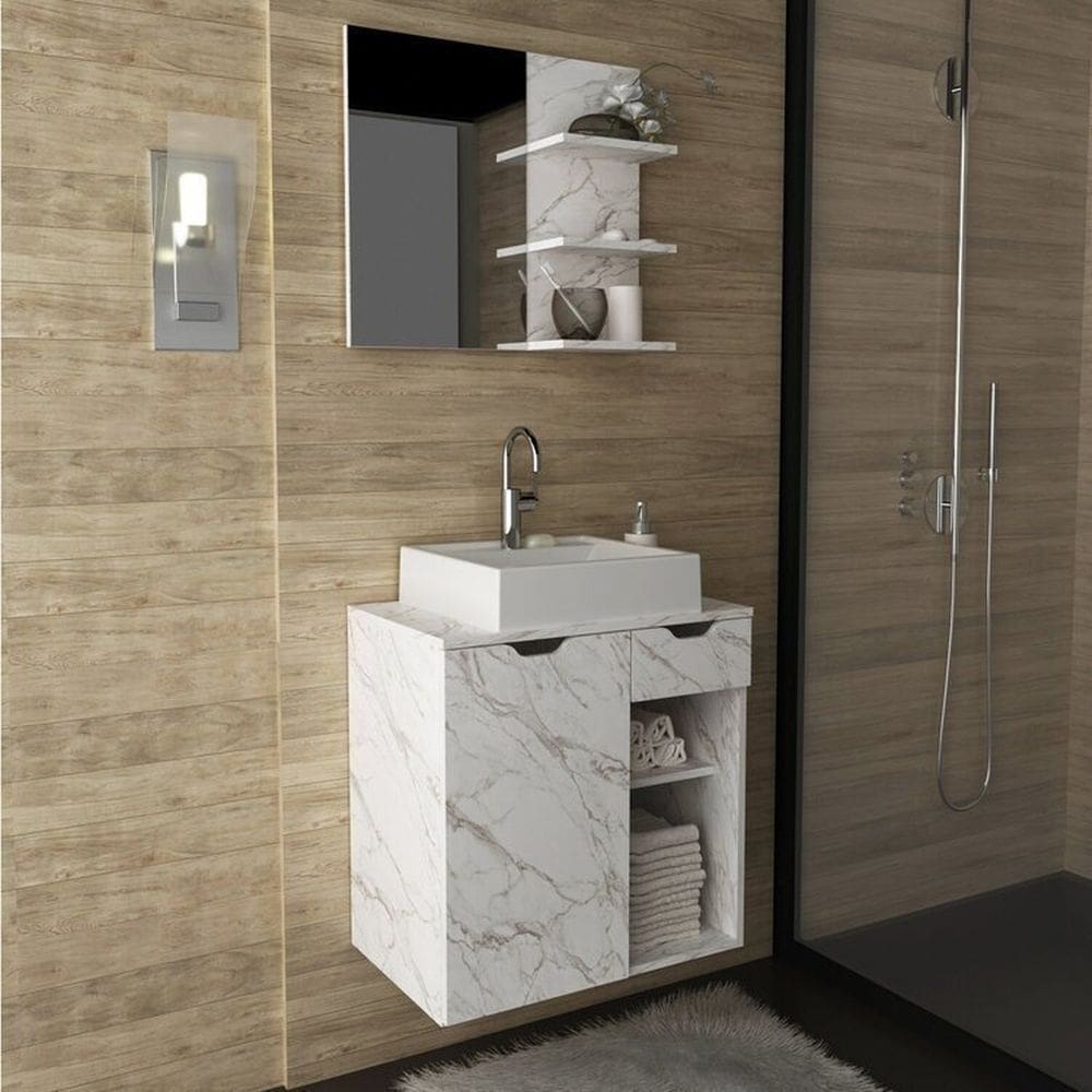 Conjunto de Banheiro com Gabinete Suspenso 60cm e Espelheira com 3 Prateleiras Mármore/Branco