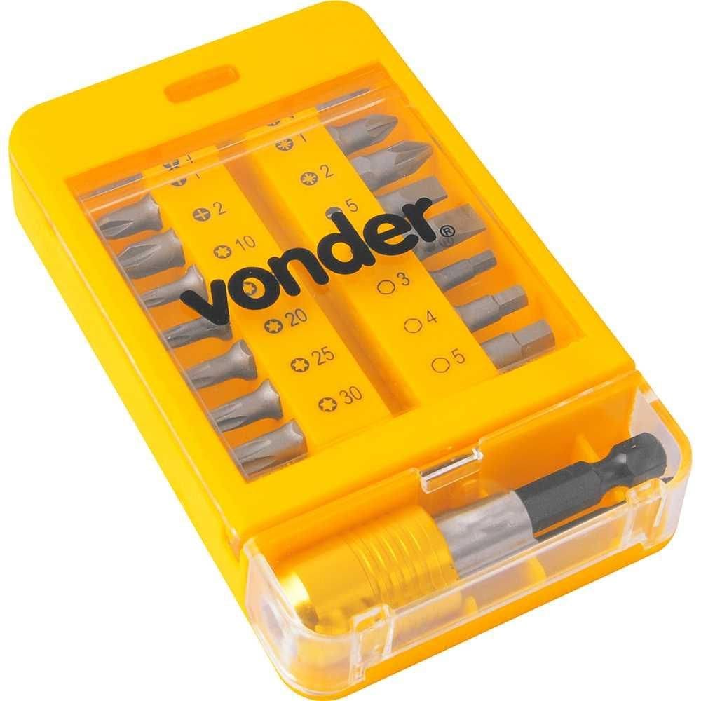 Jogo de bits/ponteiras com 15 peças encaixe sextavado 1/4” com engate rápido VONDER