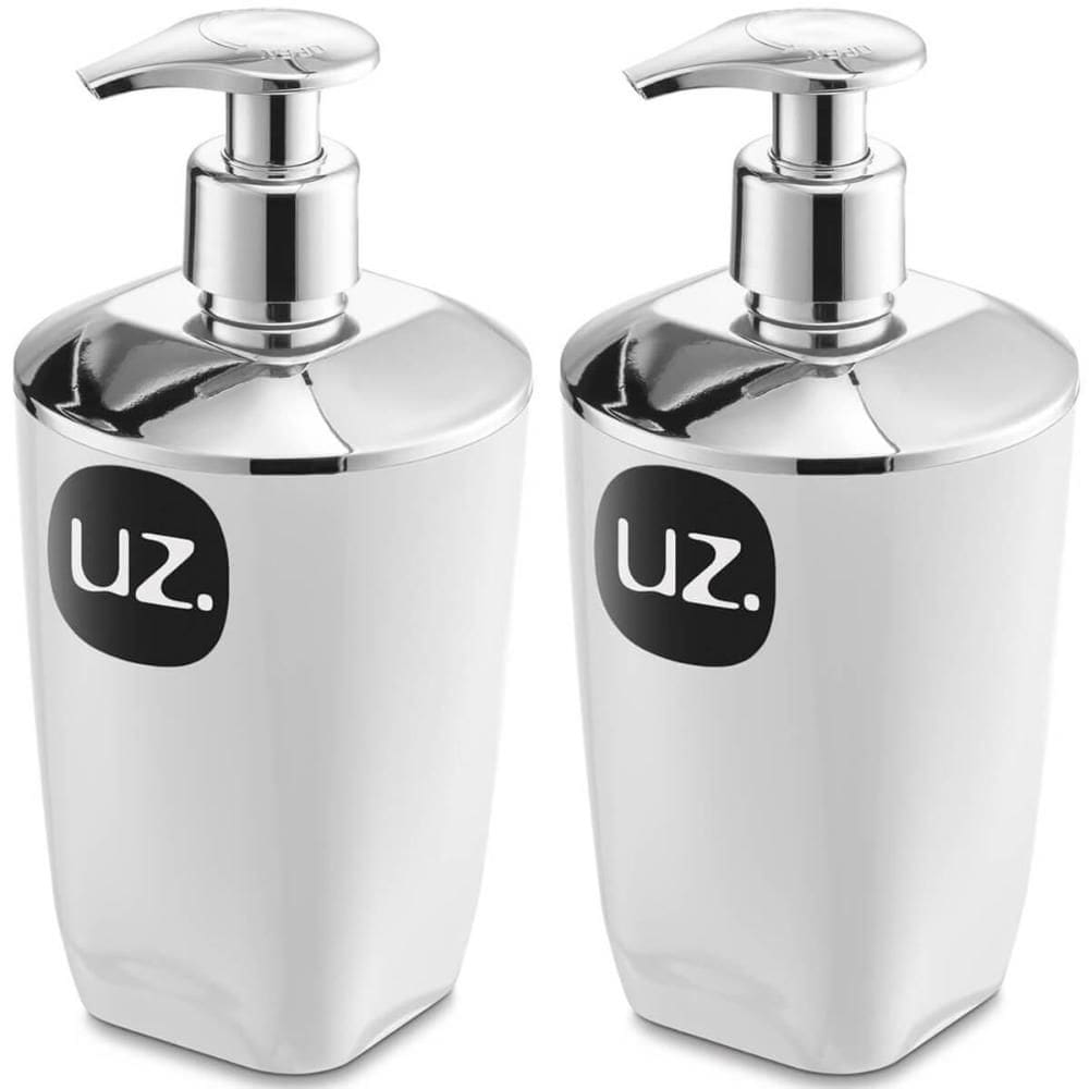 2 Porta Sabonete Líquido Plástico UZ Brancos 400ml Saboneteiras para Bancada de Banheiro