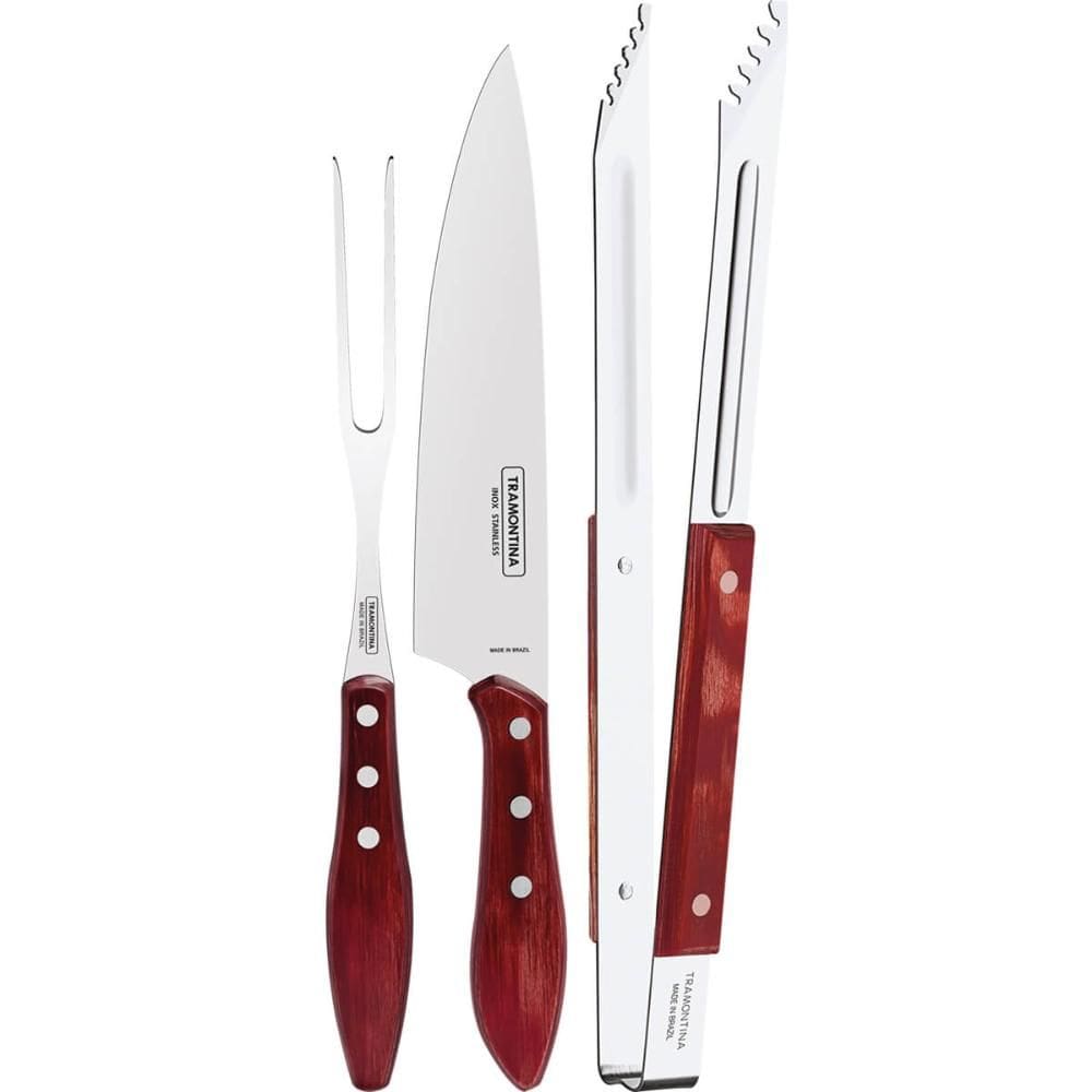 Jogo Trinchante Faca 8` Garfo e Pegador de Carne Tramontina Aço Inox e Cabos Polywood Vermelho