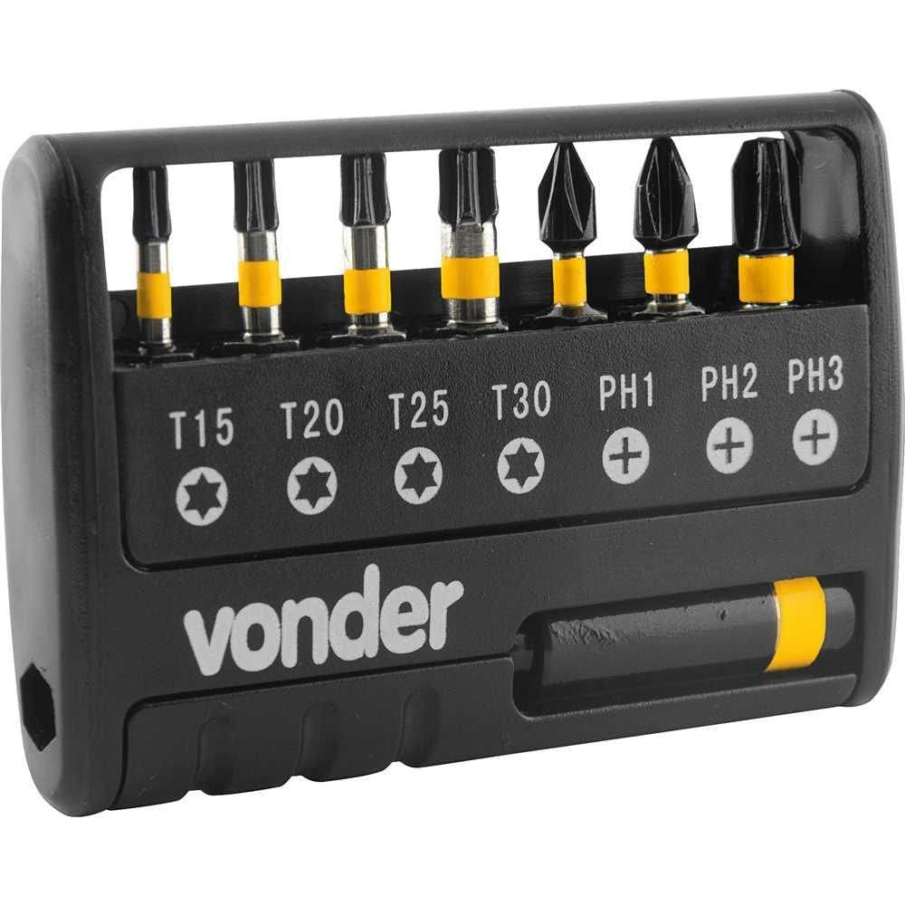Jogo de bits/ponteiras de impacto S2 com 9 peças encaixe sextavado 1/4” VONDER