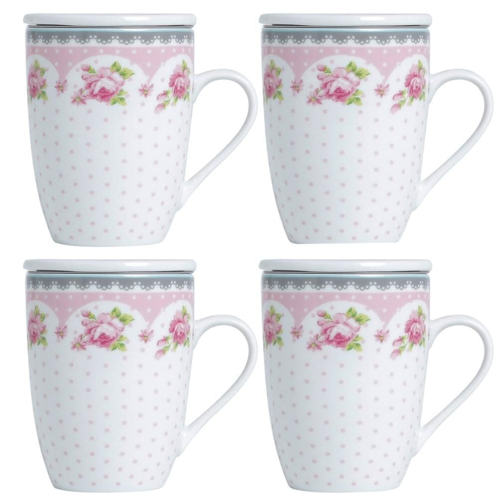 4 Canecas de Porcelana para Chá 310ml com Tampa e Filtro Ino