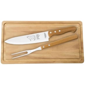 Kit para Churrasco Tramontina Tábua de Corte Garfo e Faca Aço Inox com Cabos Madeira 3 Peças