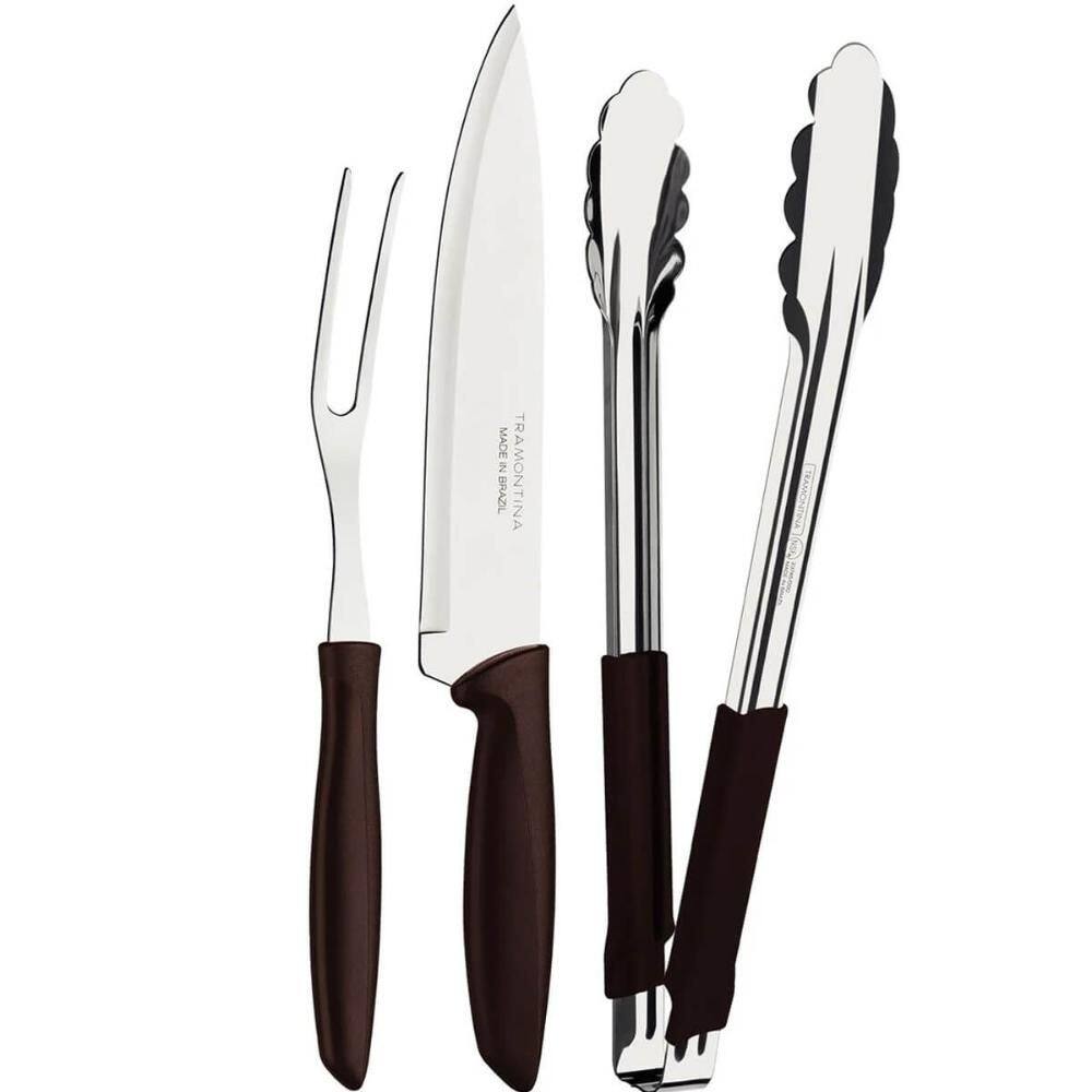Kit Garfo Trinchante Pegador Faca Churrasco 8`` Tramontina Plenus 3 Peças Marrom