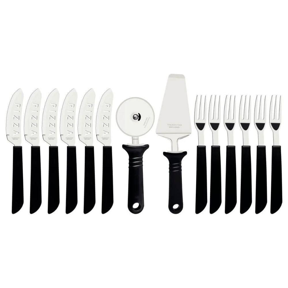 Kit Pizza Tramontina Aço Inox e Polipropileno Preto com Espátula e Cortador 14 Peças